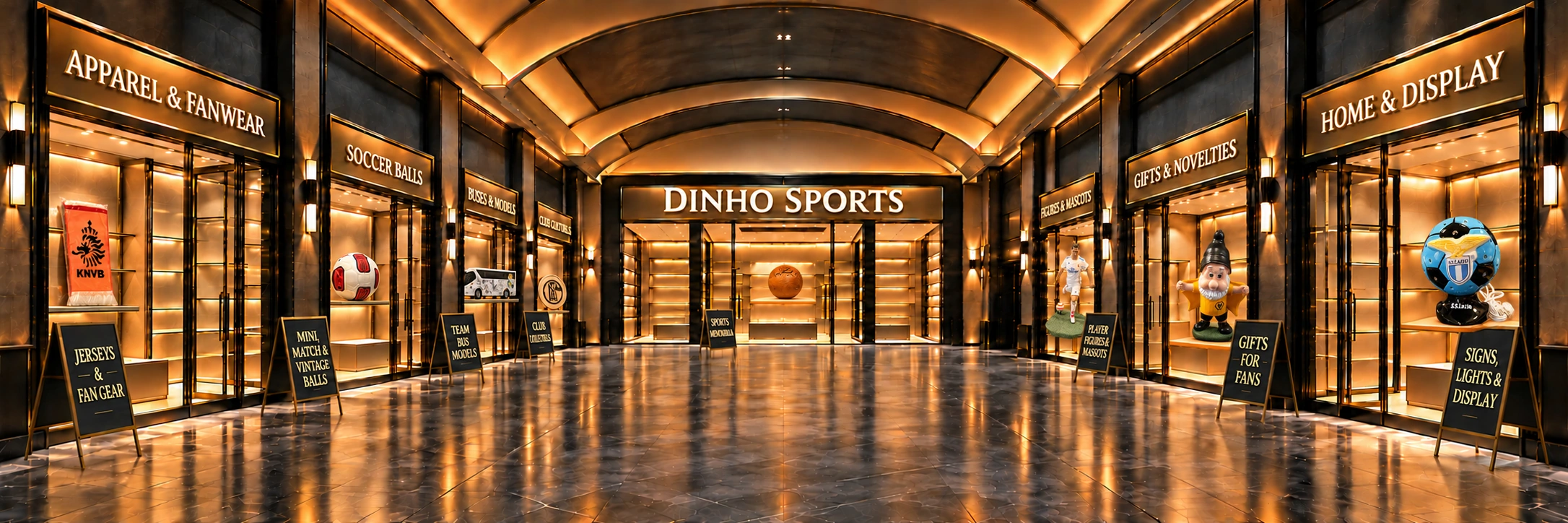 ISN Marketplace concourse, featuring the Dinho Sports section with department names built into the storefronts, listed products displayed in the windows, and advertising signs outside